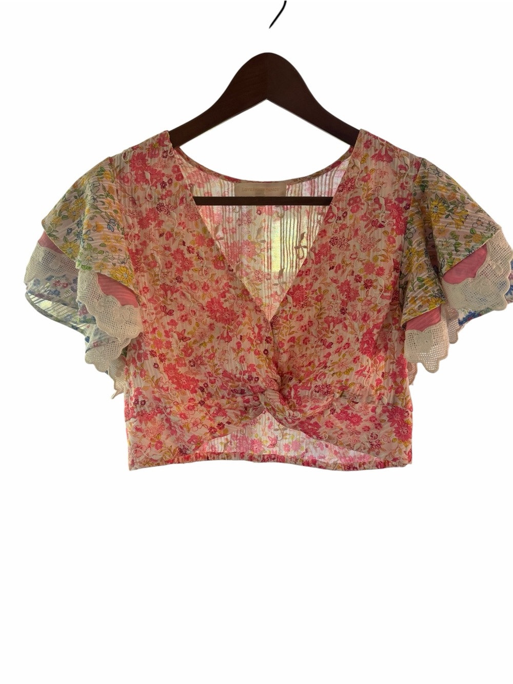 LoveShackFancy Floral Cotton Crop Top S Flutter Sleeve Lace Cottagecore Boho